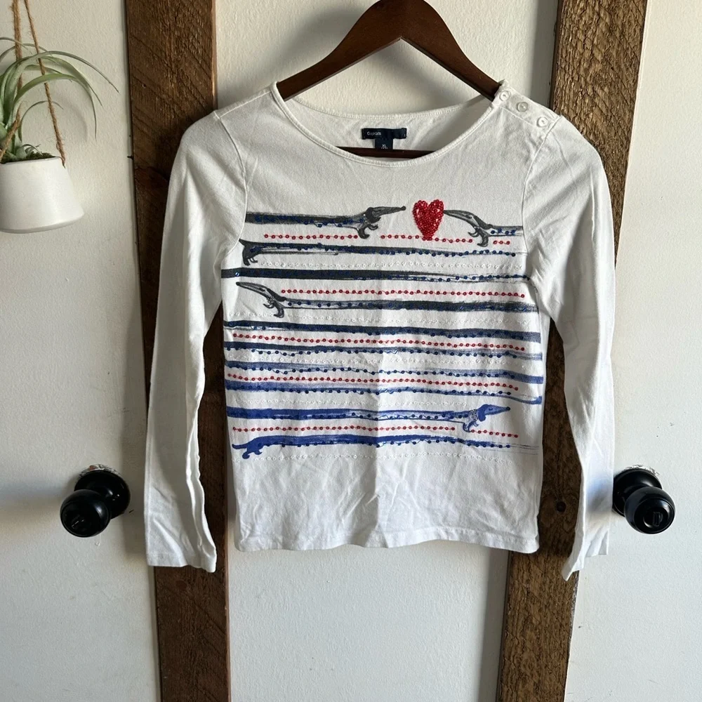 Gap Girls Long Sleeve Cotton Shirt Dachshund Dogs Heart Sequins Paris Type Artsy